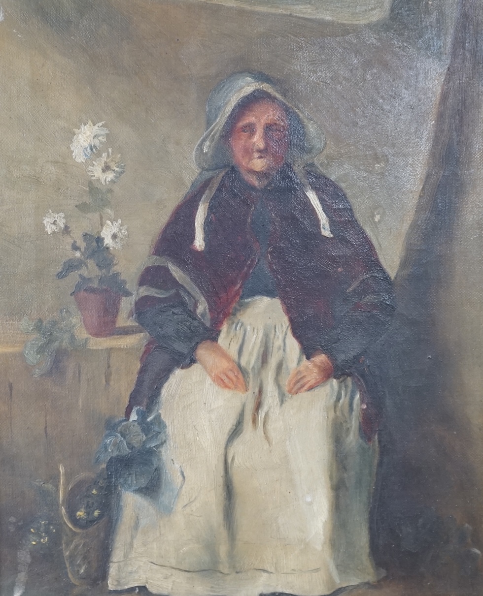 Early 20th century English School, oil on canvas, Portrait of a seated Flemish elderly lady in an interior, 29 x 24cm, gilt framed. Condition - fair to good